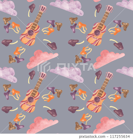 Seamless pattern with retro guitar, tape, clouds and mushrooms in watercolor. Vintage hippie music textile ornament clipart. Hand drawn nostalgic print for clothing, wallpaper, wrapping, scrapbooking Seamless pattern with retro guitar, tape, clouds and mushrooms in watercolor. Vintage hippie music textile ornament clipart. Hand drawn nostalgic print for clothing, wallpaper, wrapping, scrapbooking 117255634