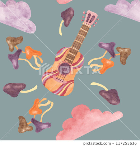 Seamless pattern with retro guitar, tape, clouds and mushrooms in watercolor. Vintage hippie music textile ornament clipart. Hand drawn nostalgic print for clothing, wallpaper, wrapping, scrapbooking Seamless pattern with retro guitar, tape, clouds and mushrooms in watercolor. Vintage hippie music textile ornament clipart. Hand drawn nostalgic print for clothing, wallpaper, wrapping, scrapbooking 117255636