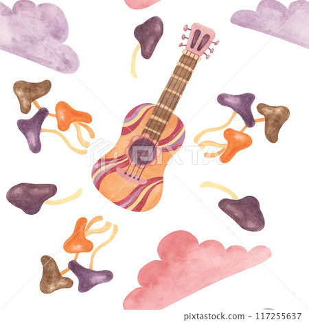 Seamless pattern with retro guitar, tape, clouds and mushrooms in watercolor. Vintage hippie music textile ornament clipart. Hand drawn nostalgic print for clothing, wallpaper, wrapping, scrapbooking Seamless pattern with retro guitar, tape, clouds and mushrooms in watercolor. Vintage hippie music textile ornament clipart. Hand drawn nostalgic print for clothing, wallpaper, wrapping, scrapbooking 117255637