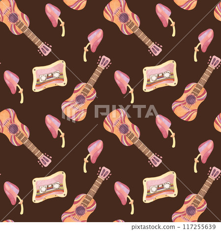 Seamless pattern with retro guitar, tape and mushrooms in watercolor. Vintage hippie music textile ornament clipart. Hand drawn nostalgic print for clothing, wallpaper, wrapping, scrapbooking Seamless pattern with retro guitar, tape and mushrooms in watercolor. Vintage hippie music textile ornament clipart. Hand drawn nostalgic print for clothing, wallpaper, wrapping, scrapbooking 117255639