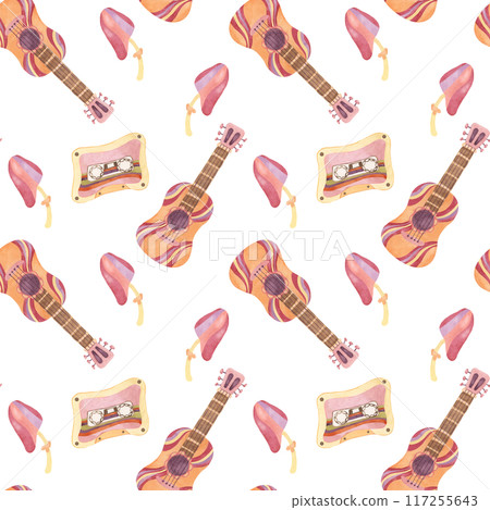 Seamless pattern with retro guitar, tape and mushrooms in watercolor. Vintage hippie music textile ornament clipart. Hand drawn nostalgic print for clothing, wallpaper, wrapping, scrapbooking 117255643