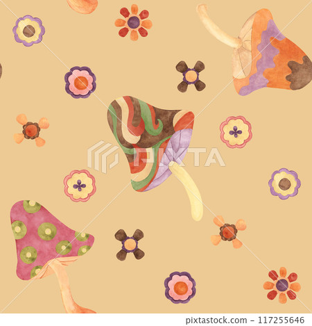 Retro groovy seamless pattern with mushrooms and flowers in watercolor. Vintage hippie fungi textile ornament clipart. Hand drawn nostalgic print for clothing, wallpaper, wrapping, scrapbooking Retro groovy seamless pattern with mushrooms and flowers in watercolor. Vintage hippie fungi textile ornament clipart. Hand drawn nostalgic print for clothing, wallpaper, wrapping, scrapbooking 117255646