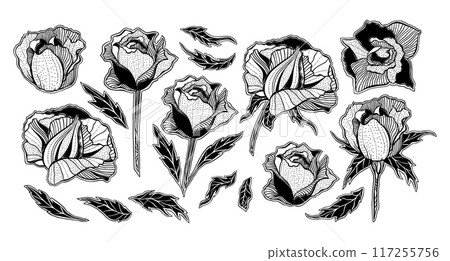 Black and White Fantasy Stylized Rose Flowers Collection, Tattoo Design Set, Inky Meditative Art Prints, Vector Decorative Elements Bundle 117255756