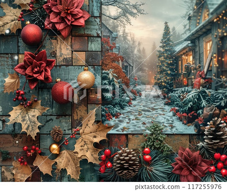 A holiday collage with Christmas photos ornaments 117255976