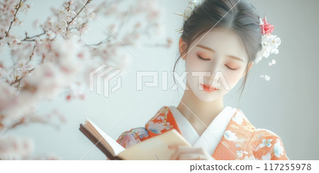 Portrait of a woman in a kimono reading a book Portrait of a woman in a kimono reading a book 117255978