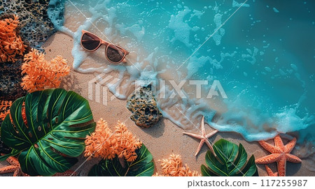 A summer vacation collage with beach photos and tropical designs. 117255987