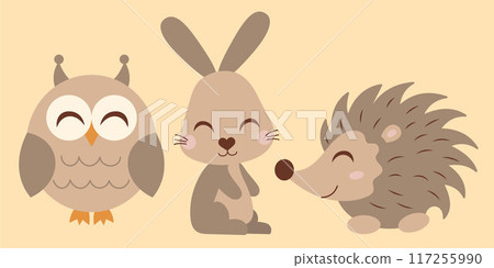 Cute forest animals for Thanksgiving design. Autumn season. Hedgehog, hare, owl. Cute forest animals for Thanksgiving design. Autumn season. Hedgehog, hare, owl. 117255990