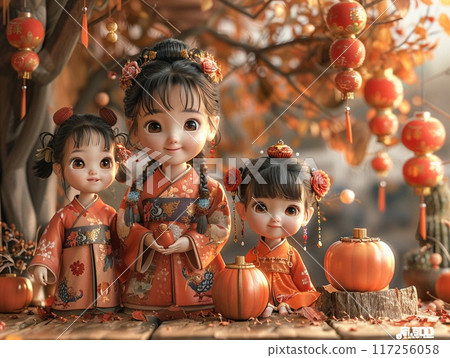 A festive scene of a family celebrating Lunar New Year with traditional decorations. 117256058