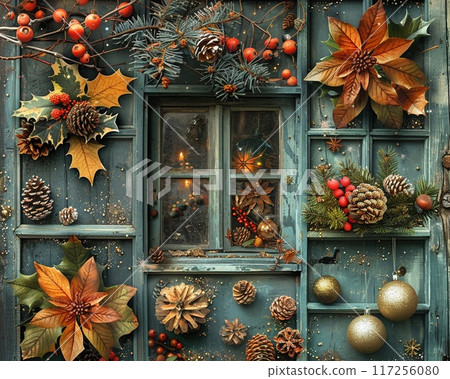 A holiday collage with Christmas photos ornaments 117256080