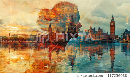 A travel collage with photos of iconic landmarks and cultural elements. 117256088