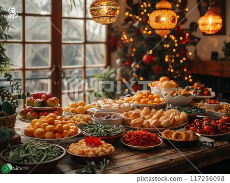A family preparing a New Year feast traditional dishes 117256098