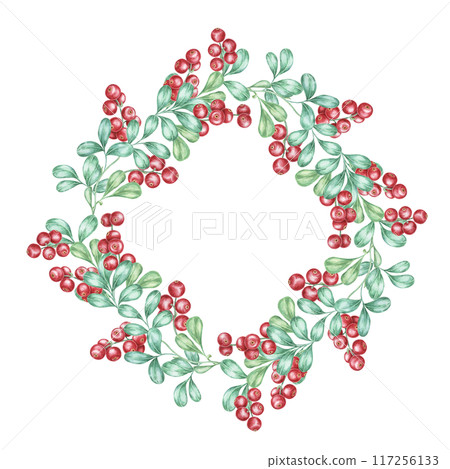 Cowberry watercolor clipart frame showcasing lush green leaves and bright red berries in a circular border. Ideal for Christmas cards, holiday decor, and seasonal event invitations Cowberry watercolor clipart frame showcasing lush green leaves and bright red berries in a circular border. Ideal for Christmas cards, holiday decor, and seasonal event invitations 117256133