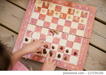 Person playing a strategic game of chess outdoors on a wooden surface 117256192