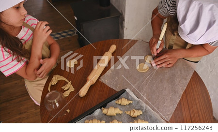 A mother and daughter spend quality time baking croissants together in a cozy kitchen. The little girl thoughtfully arranges baked goods while learning the art of cooking. A mother and daughter spend quality time baking croissants together in a cozy kitchen. The little girl thoughtfully arranges baked goods while learning the art of cooking. 117256243