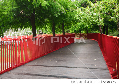 red bridge in Maple Garden park in Taichung City, Taiwan 117256379