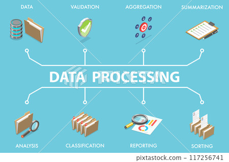 3D Isometric Flat Vector Illustration of Data Processing, Statistics and Analytics 3D Isometric Flat Vector Illustration of Data Processing, Statistics and Analytics 117256741