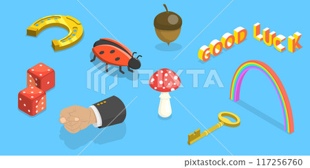 3D Isometric Flat Vector Set of Good Luck Symbols, Success and Prosperity 117256760