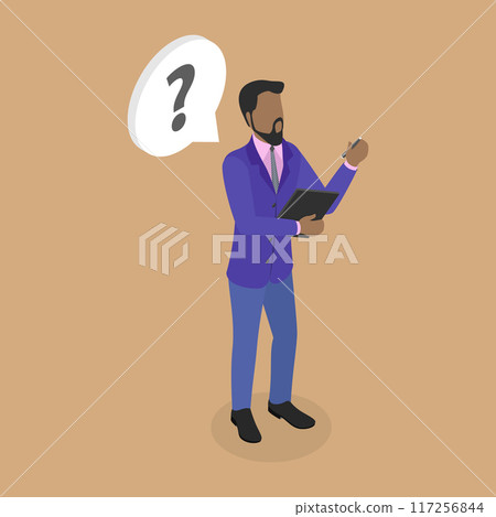 3D Isometric Flat Vector Illustration of Office Worker, Man Thinks While Holding Clipboard and Pen 3D Isometric Flat Vector Illustration of Office Worker, Man Thinks While Holding Clipboard and Pen 117256844