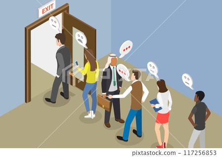 3D Isometric Flat Vector Illustration of Resignation and Dismissal, Workers Formed Queue to Leave Office 3D Isometric Flat Vector Illustration of Resignation and Dismissal, Workers Formed Queue to Leave Office 117256853