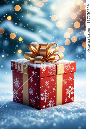 Red gift box with gold ribbon and snowflake design. Red gift box with gold ribbon and snowflake design. 117256899