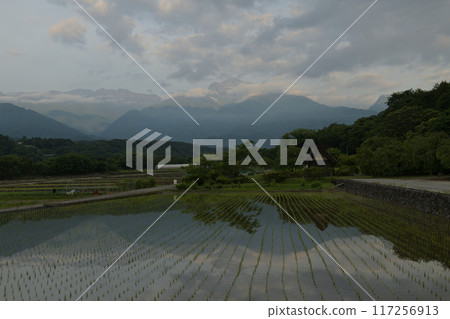 The Southern Alps at dawn reflected in a rice paddy field after rice planting at Suisha no Sato Park in Takekawa-cho, Hokuto City 117256913