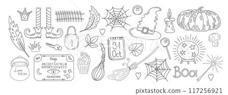 Halloween element set, doodle autumn holiday celebration decor, cute spooky simple illustration, trendy holiday symbols witch hat, stocking, feather, boo, mushroom, lollipop, ouija, cobweb, pumpkin Halloween element set, doodle autumn holiday celebration decor, cute spooky simple illustration, trendy holiday symbols witch hat, stocking, feather, boo, mushroom, lollipop, ouija, cobweb, pumpkin 117256921