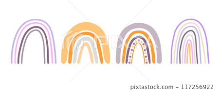 Boho rainbows set abstract shapes, simple hand drawn silhouette vector illustration in trendy pastel colors, minimalist concept perfect for making cards, banners, modern posters, textile, papercraft 117256922