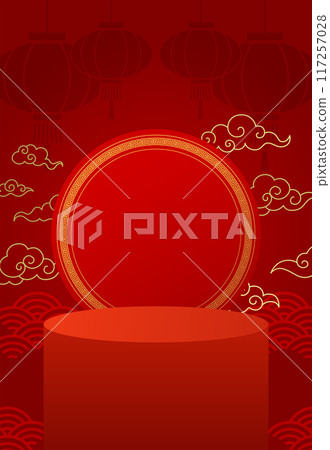 Oriental background template with display podium and round frame Oriental background template with display podium and round frame 117257028