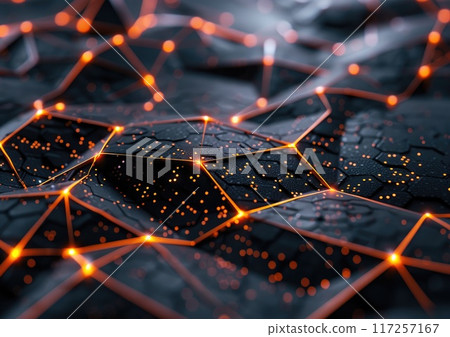 An array of interconnected geometric shapes, forming a complex network 117257167