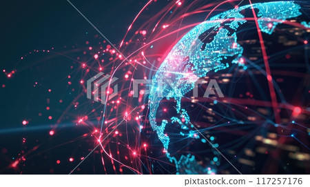 3D illustration of a rotating globe, with intricate networks of glowing lines emanating from major cities. 117257176