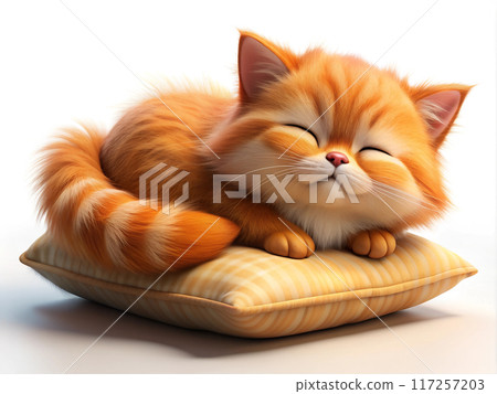 3d cat character persian red cat. Cute and young kitten sleeps lying on the pillow 117257203