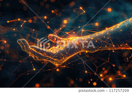 Abstract 3D render of hands reaching out, connected by glowing lines, forming a global network. 117257209