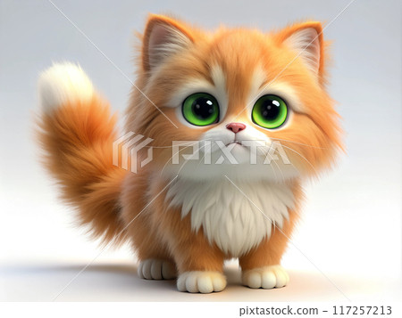 3d cat character persian red cat. Cute and young kitten standing with his tail fluffed 117257213