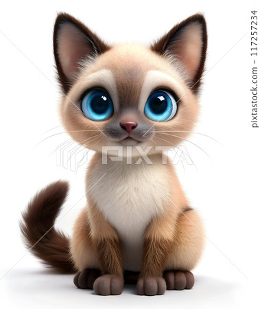 Siamese cat. Cute and young kitten with big blue eyes, sitting 117257234
