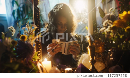 Enigmatic Tarot Ritual: Woman Reflecting in Mirror Surrounded by Candles, Crystals, and Flowers in Mystical Setting 117257258