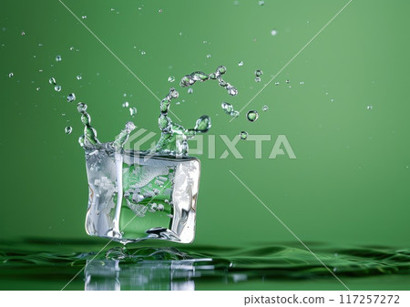 Ice Cube with Water Droplet, Green Backdrop Frozen in Time A Perfect Ice Cube's Last Embrace. 117257272