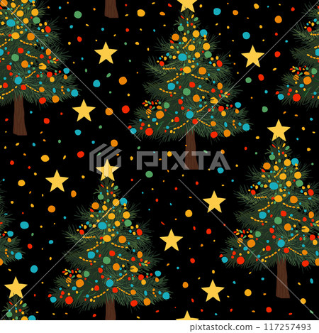 Vector seamless Christmas pattern. Christmas trees, stars and christmas toys on black background Vector seamless Christmas pattern. Christmas trees, stars and christmas toys on black background 117257493