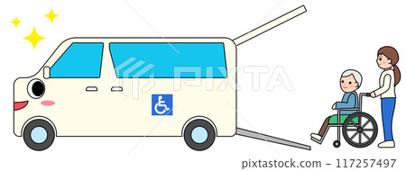 福利車和推著輪椅的護理人員的插圖 福利車和推著輪椅的護理人員的插圖 117257497