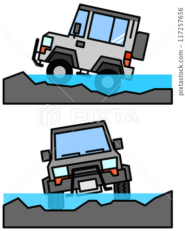 四輪驅動車輛在崎嶇不平的道路上行駛的插圖 117257656