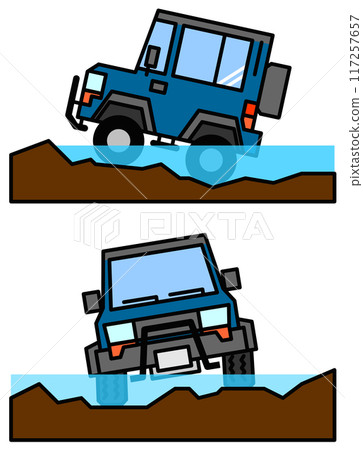 Illustration of a four-wheel drive vehicle running on rough roads Illustration of a four-wheel drive vehicle running on rough roads 117257657