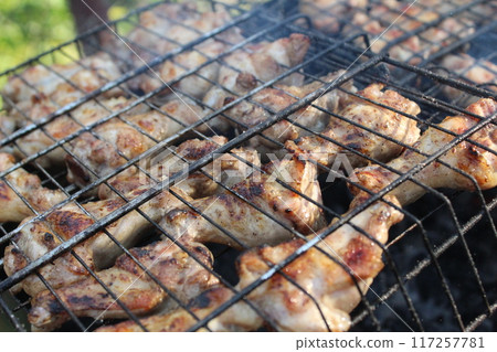 Cooking chicken on a grill grate. Cooking meat on an open fire grill 117257781
