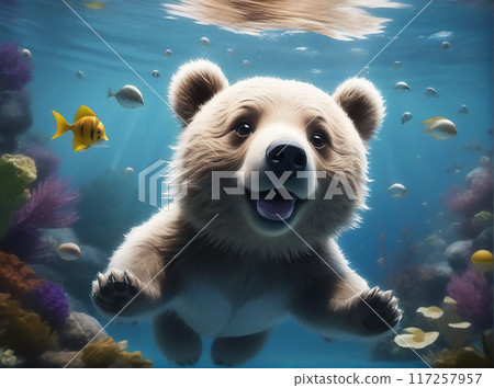 A cute brown bear cub swims underwater. AI generated. A cute brown bear cub swims underwater. AI generated. 117257957