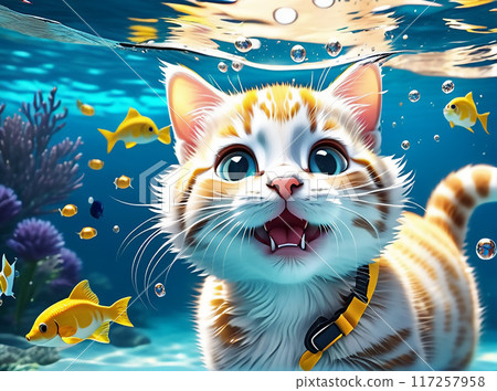 Cute little cat swims underwater. AI generated. Cute little cat swims underwater. AI generated. 117257958