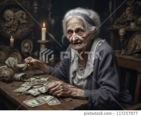 An elderly woman counts money while sitting at the table. AI generated. An elderly woman counts money while sitting at the table. AI generated. 117257977