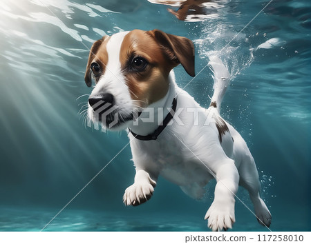 A cute Jack Russell Terrier dog swims underwater. Generated AI.  117258010
