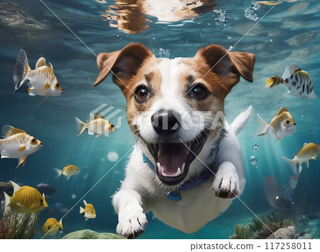 A cute Jack Russell Terrier dog swims underwater. Generated AI.  117258011
