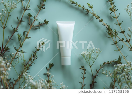Designer Mock-up: Natural Cream Tube on Sage Background. AI Generated 117258196