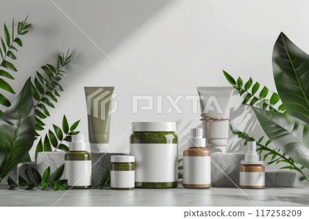 Fresh Organic Cosmetics Mockup Among Greenery. AI Generated Fresh Organic Cosmetics Mockup Among Greenery. AI Generated 117258209