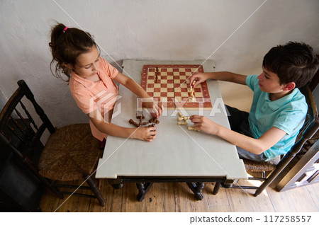Two children playing chess at home, learning, and having fun 117258557