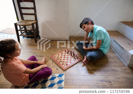 Children playing chess at home, learning strategy and patience, fun and educational indoor activity Children playing chess at home, learning strategy and patience, fun and educational indoor activity 117258596